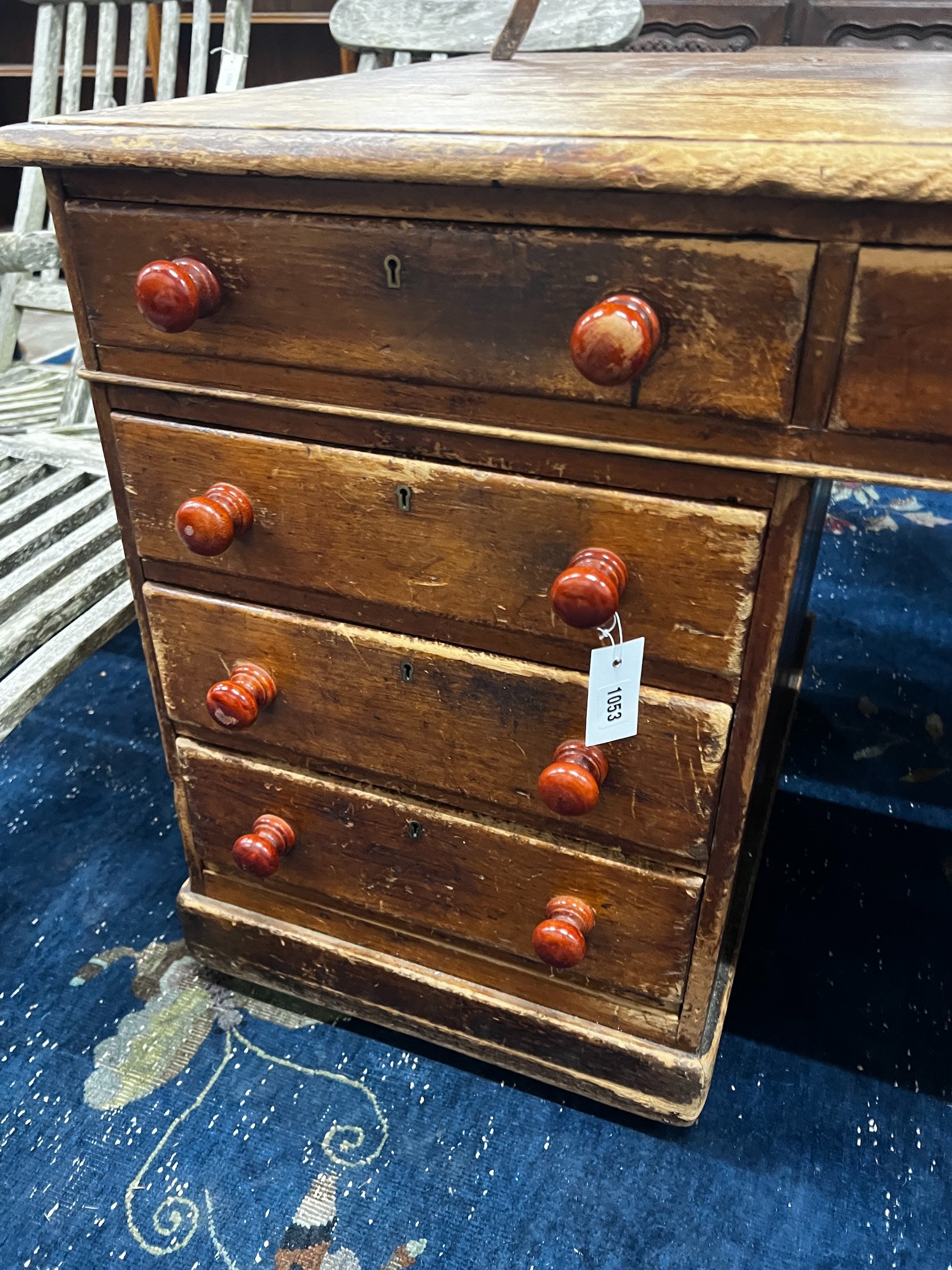 A Victorian pine pedestal desk, width 160cm depth 76cm height 76cm